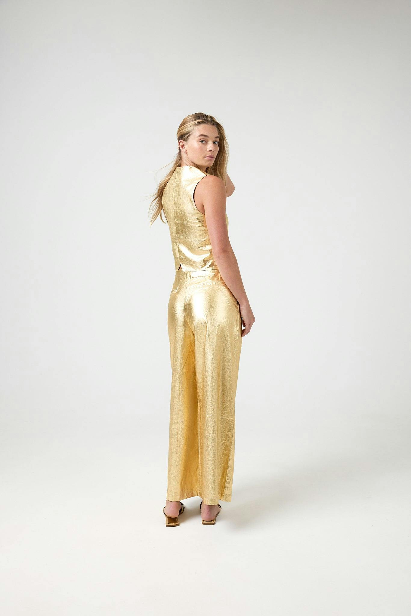 Culotte Metallic Linen Pants - Gold