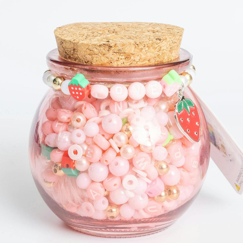 Short & Sweet Pink Letter and Red Strawberry Charm Mini Pink DIY Bead Jar