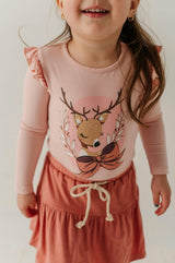 Girls Long Sleeve Ruffle Top in Reindeer on Holiday Blush