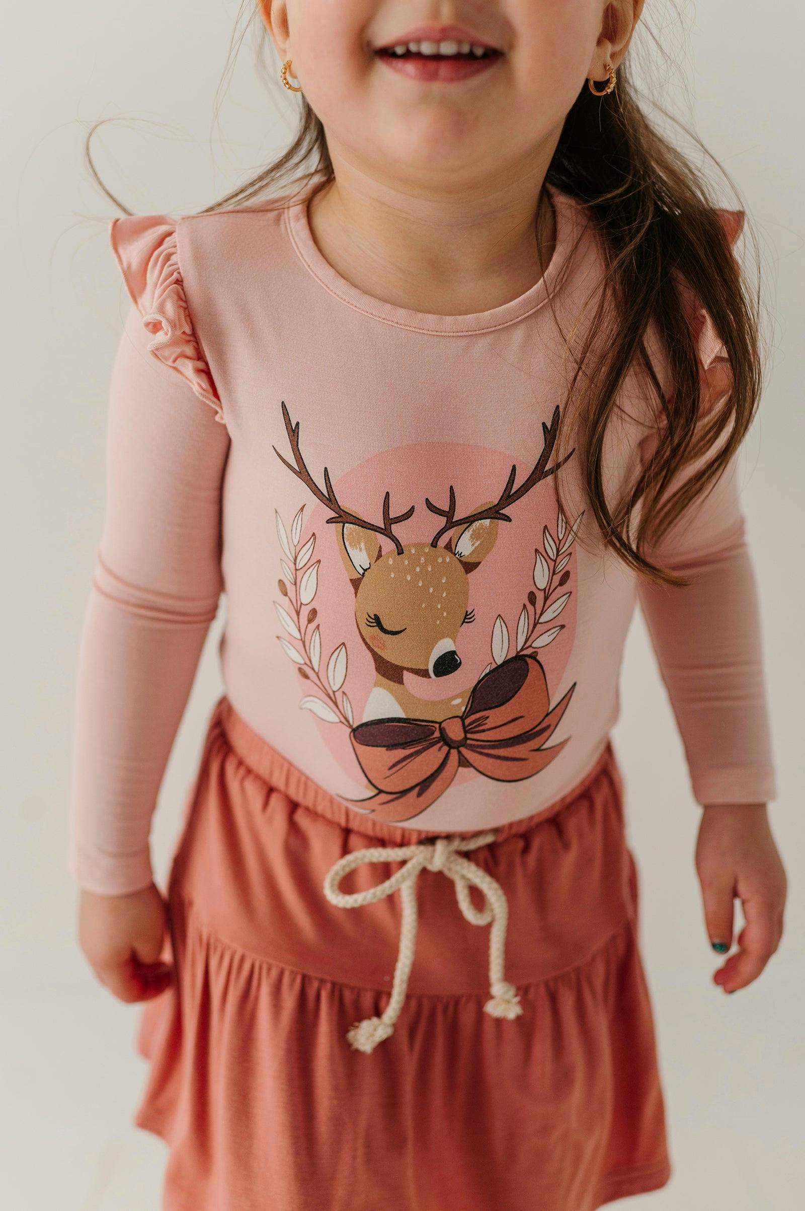 Girls Long Sleeve Ruffle Top in Reindeer on Holiday Blush