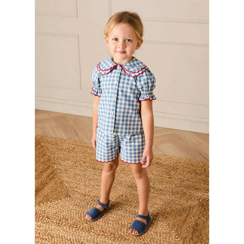 Darby Gingham Scallop Layered Collar Short Sleeve Blouse in Blue (18mths-12yrs)