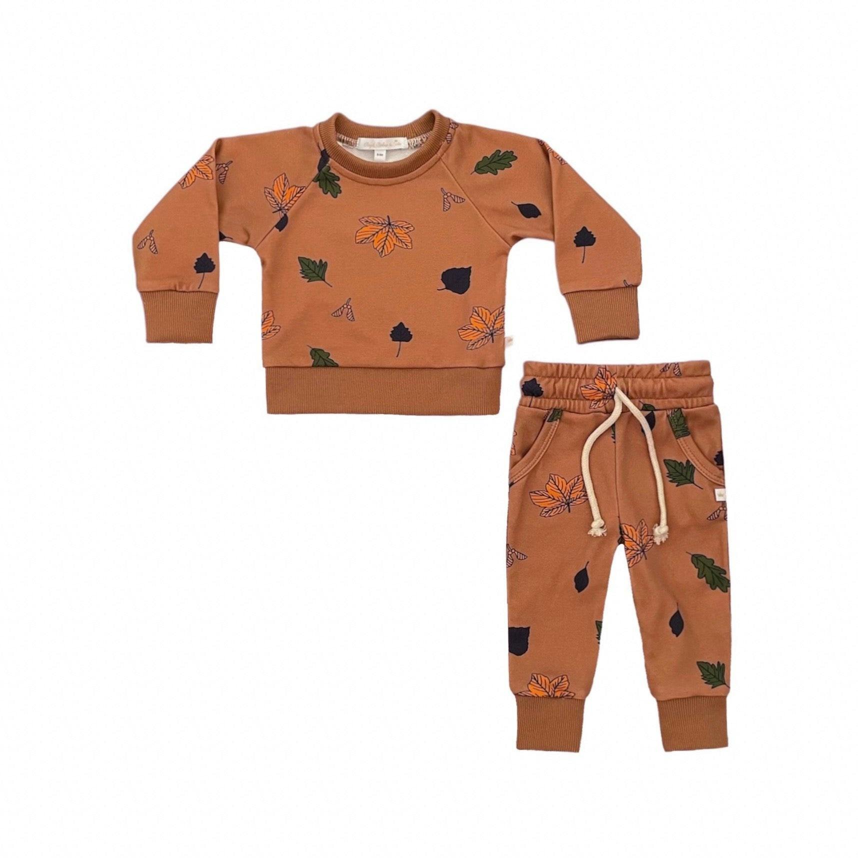 Rust Autumn Leaves Crewneck Terry Sweatshirt Sweatpant 2pc Sweatsuit Set