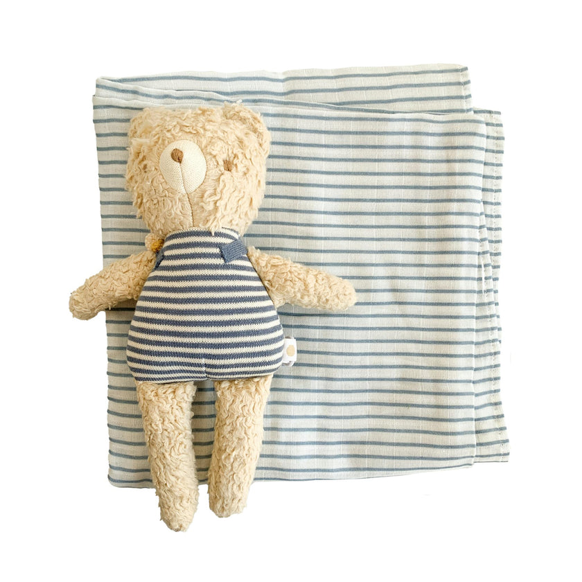 Blue Stripe Swaddle and Henry Bear Plush Toy Set