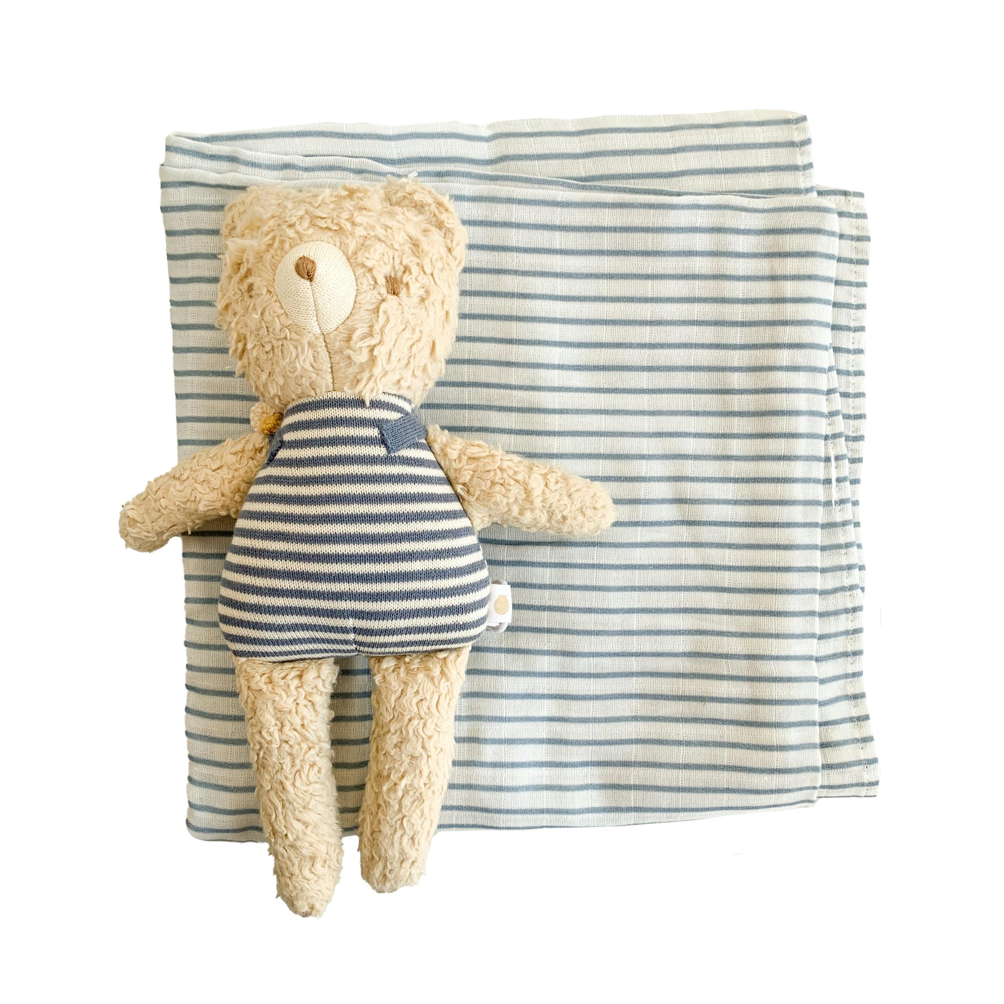 Blue Stripe Swaddle and Henry Bear Plush Toy Set