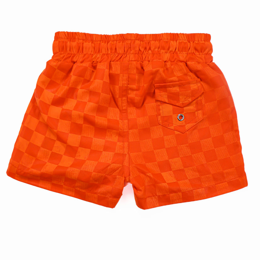 Neon Orange Checker Swim Trunks
