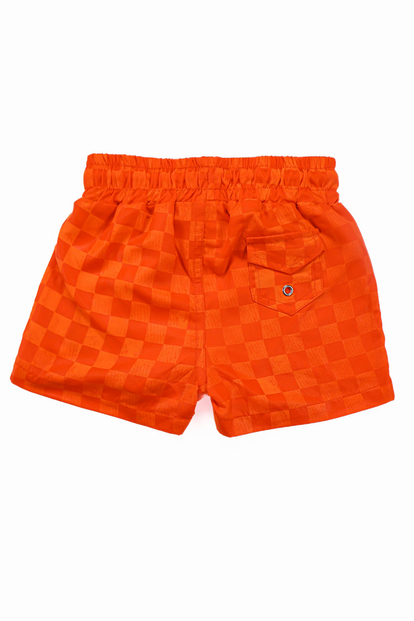 Neon Orange Checker Swim Trunks