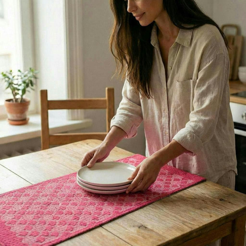 Artisan Hand Loomed Cotton Table Runner - Pink Ginkgo - 18"x96"