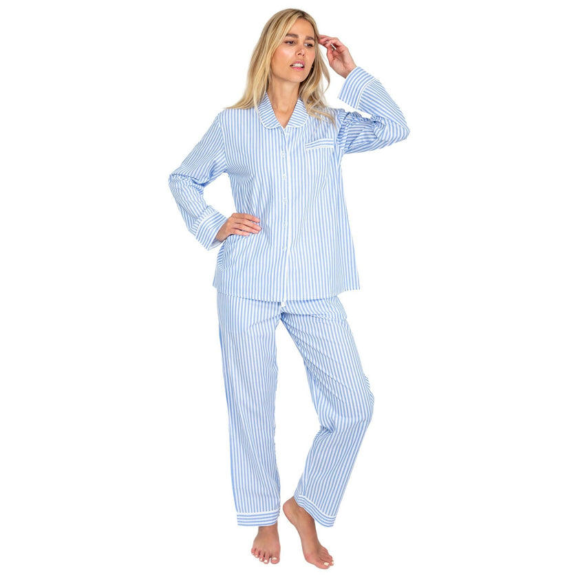Women's Braddock Classic Long PJ Set - Blue Stripe Organic Cotton Poplin