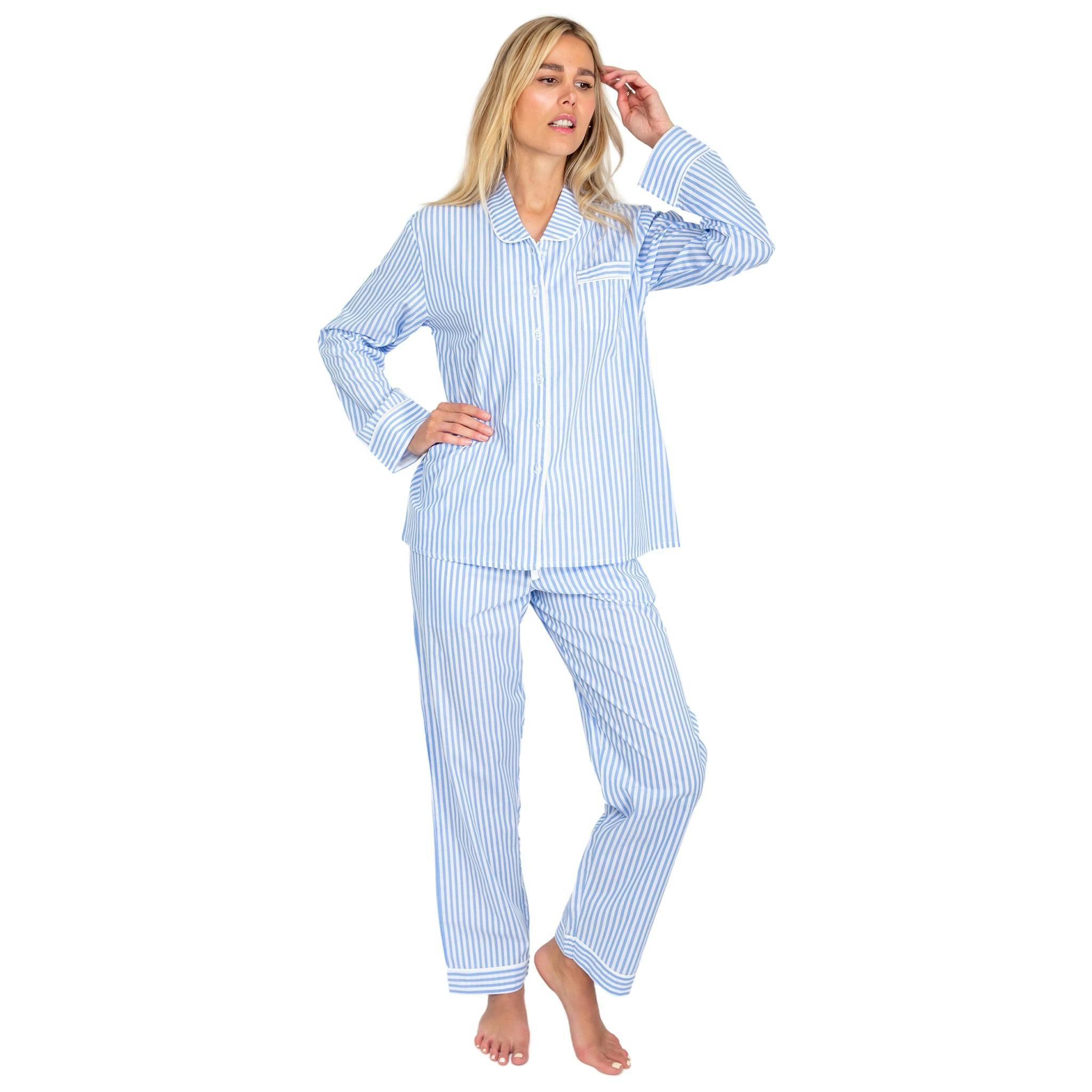 Women's Braddock Classic Long PJ Set - Blue Stripe Organic Cotton Poplin