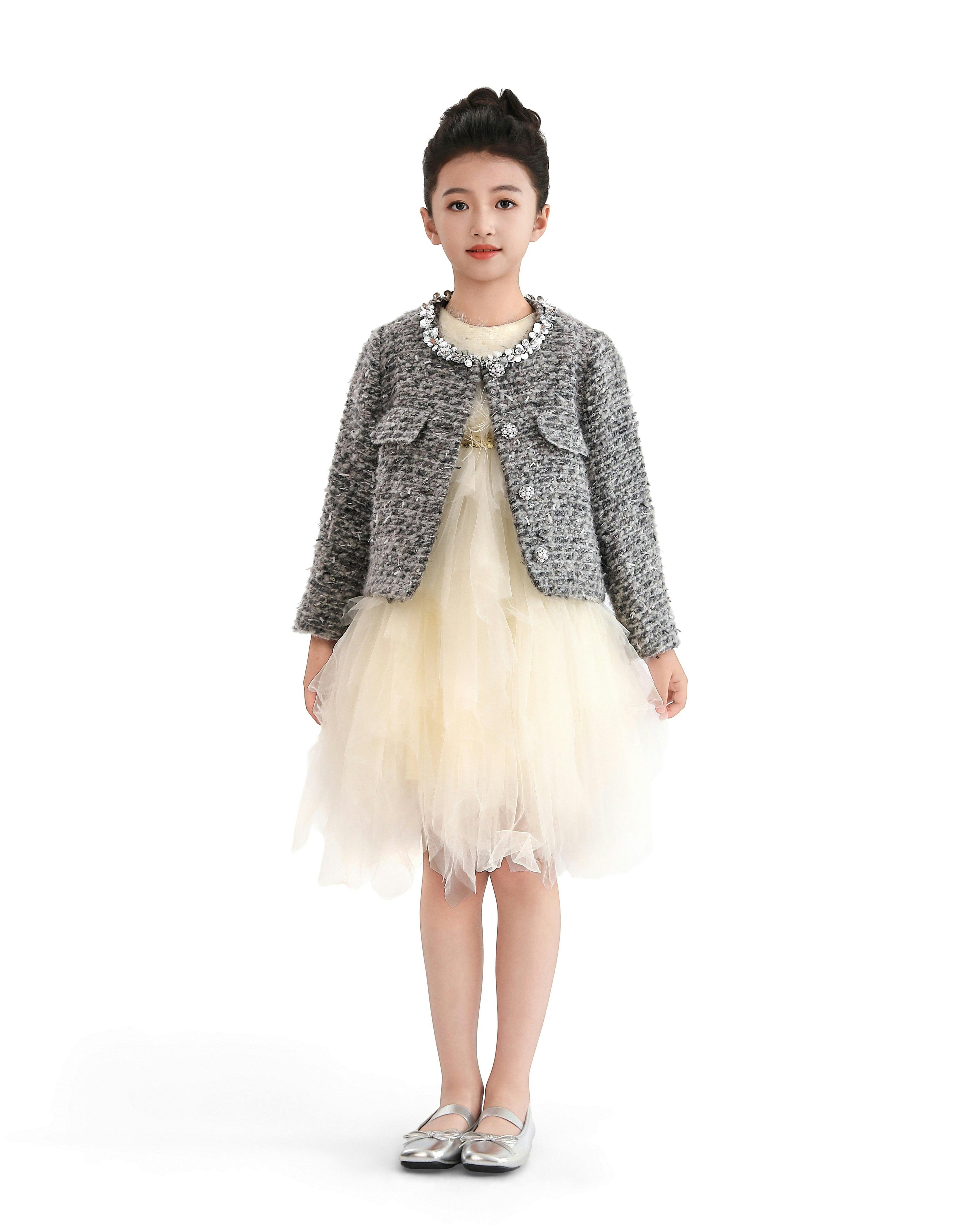 Gray Bouclé Jewel-Collar Jacket