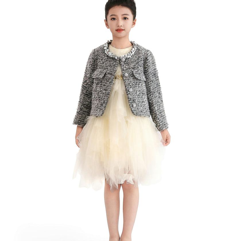 Gray Bouclé Jewel-Collar Jacket