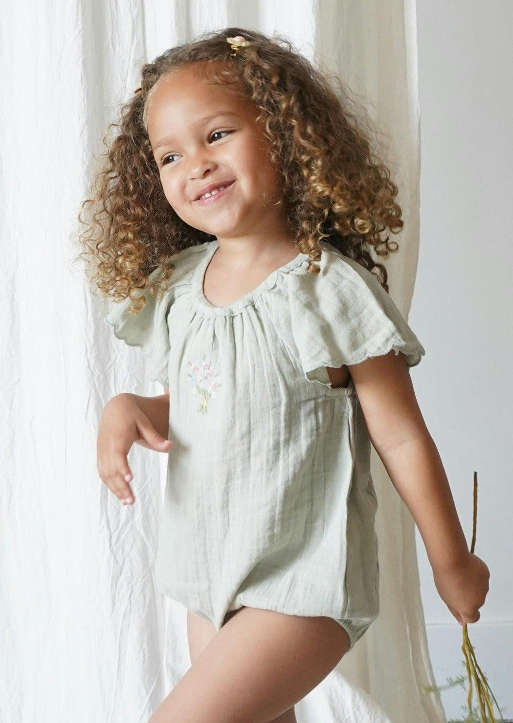Liva | Muslin Cotton Ruffle Embroidered Romper | Sage