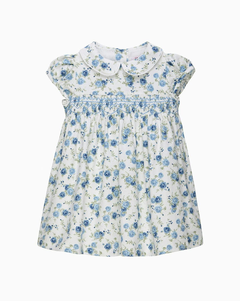 Baby Arabella Rose Floral Smocked Dress in Blue