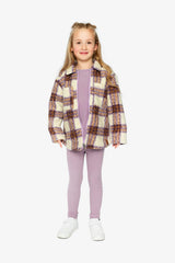 Zipped Sherpa Overshirt With Chest Pockets Beige And Mauve Plaid