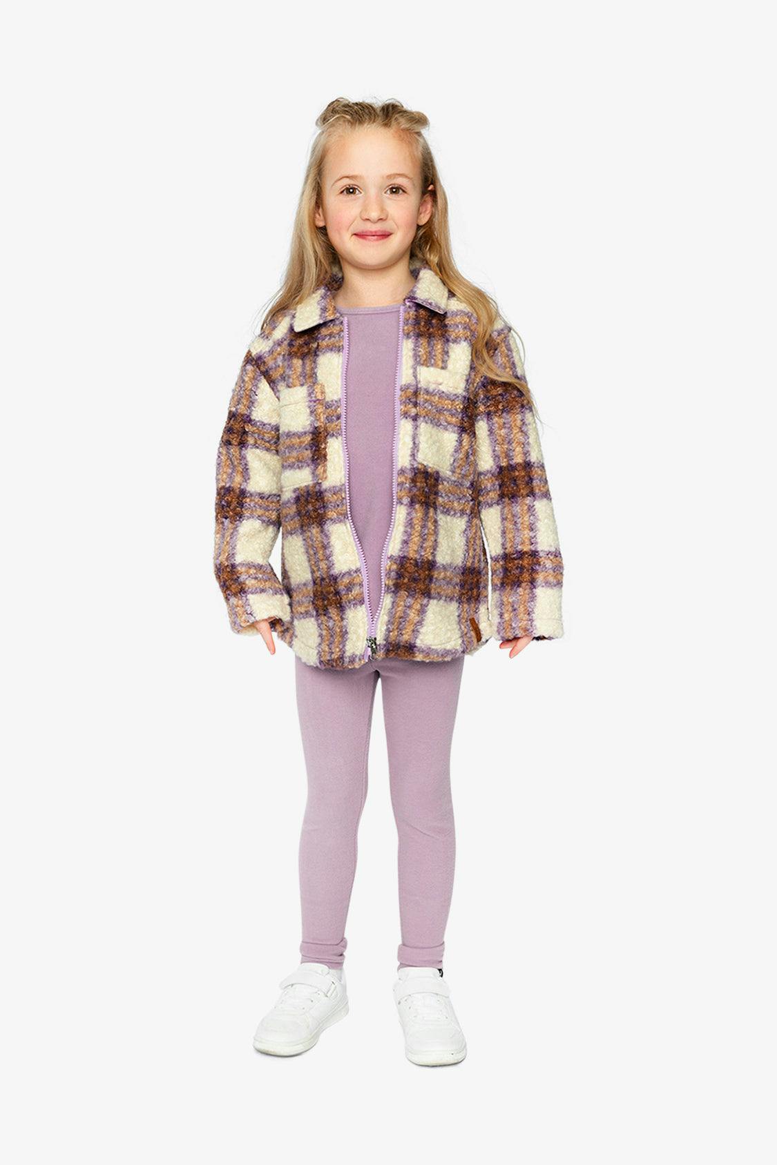 Zipped Sherpa Overshirt With Chest Pockets Beige And Mauve Plaid