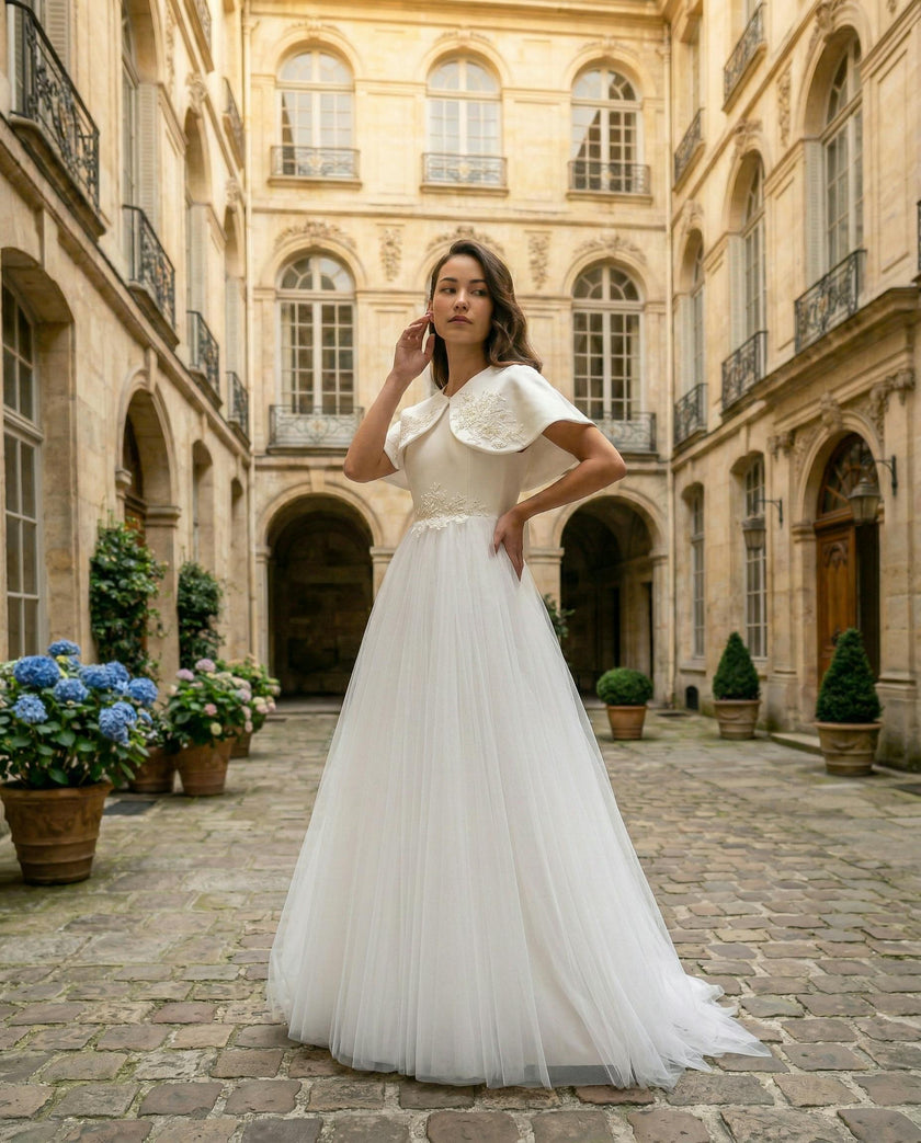 White Hermione Embroidered Cape Dress