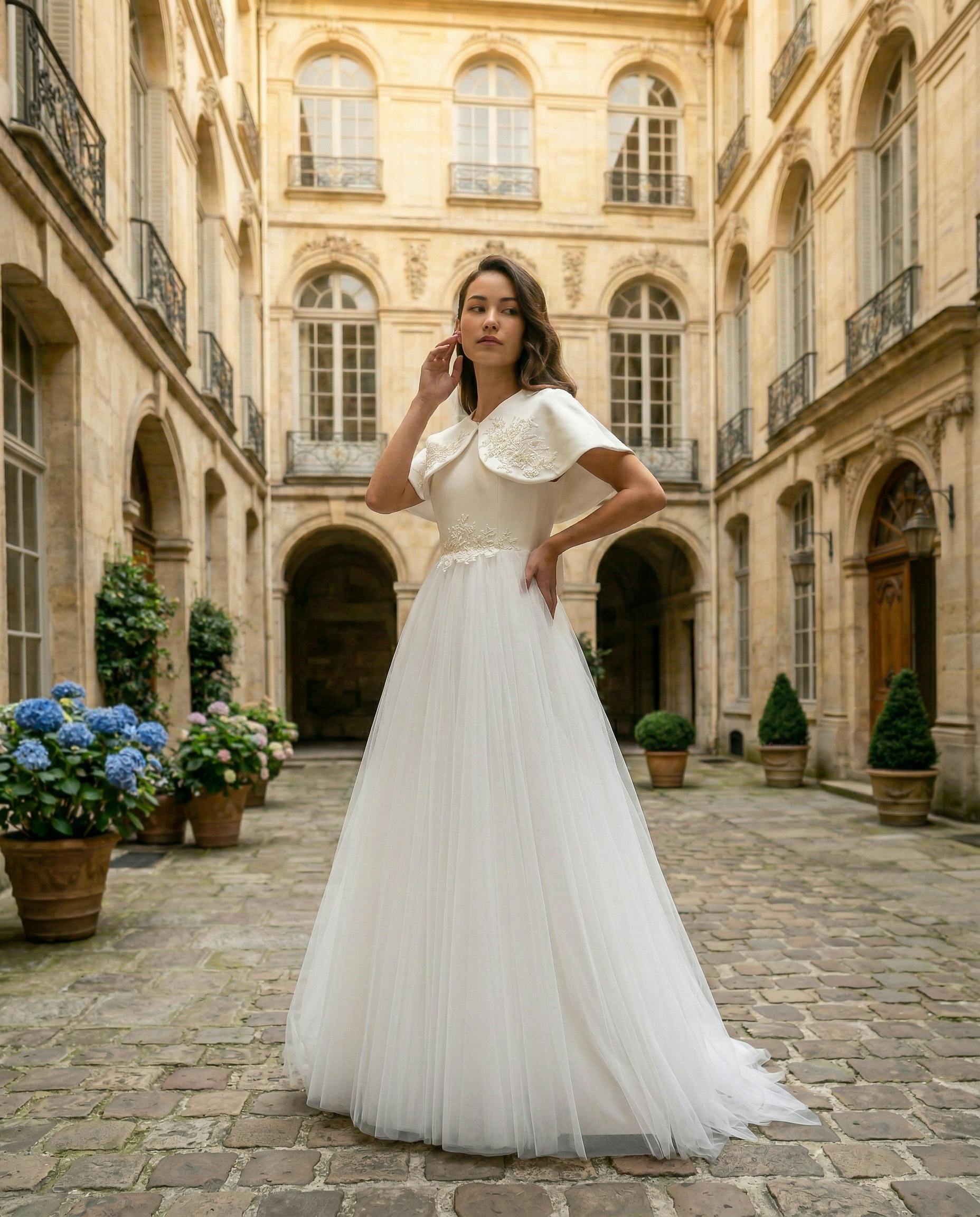 White Hermione Embroidered Cape Dress