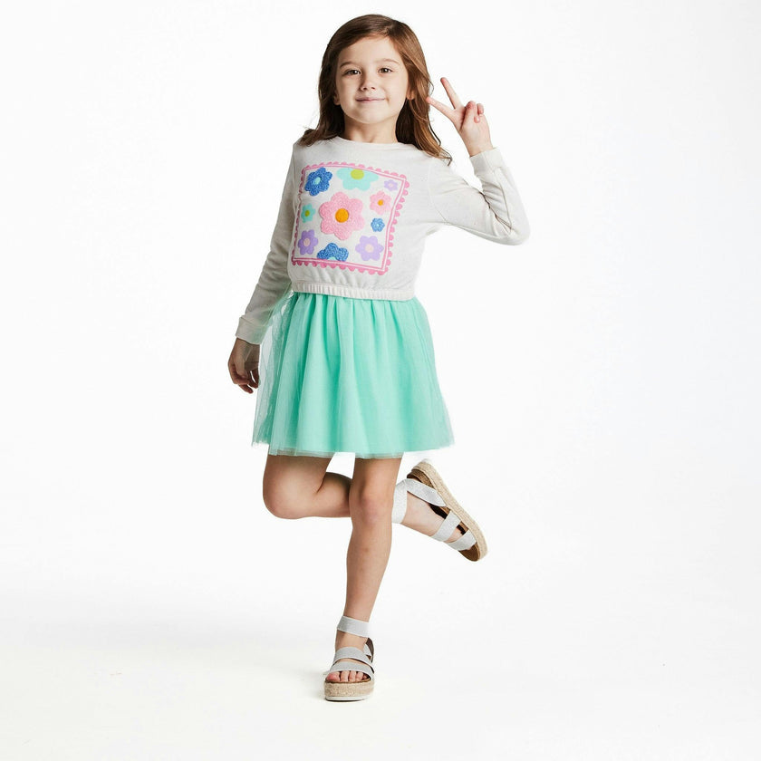 Girls Chenille Floral Sweatshirt & Tulle Tank Dress Set | Aqua