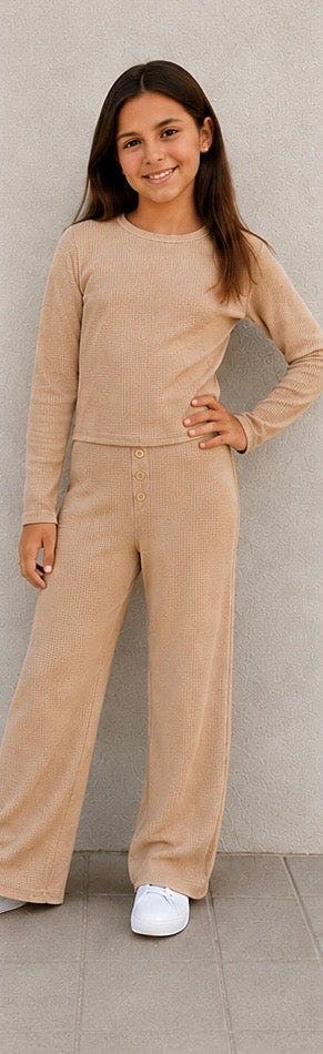 Girls Waffle Long Sleeve Top And Flare Pants Set