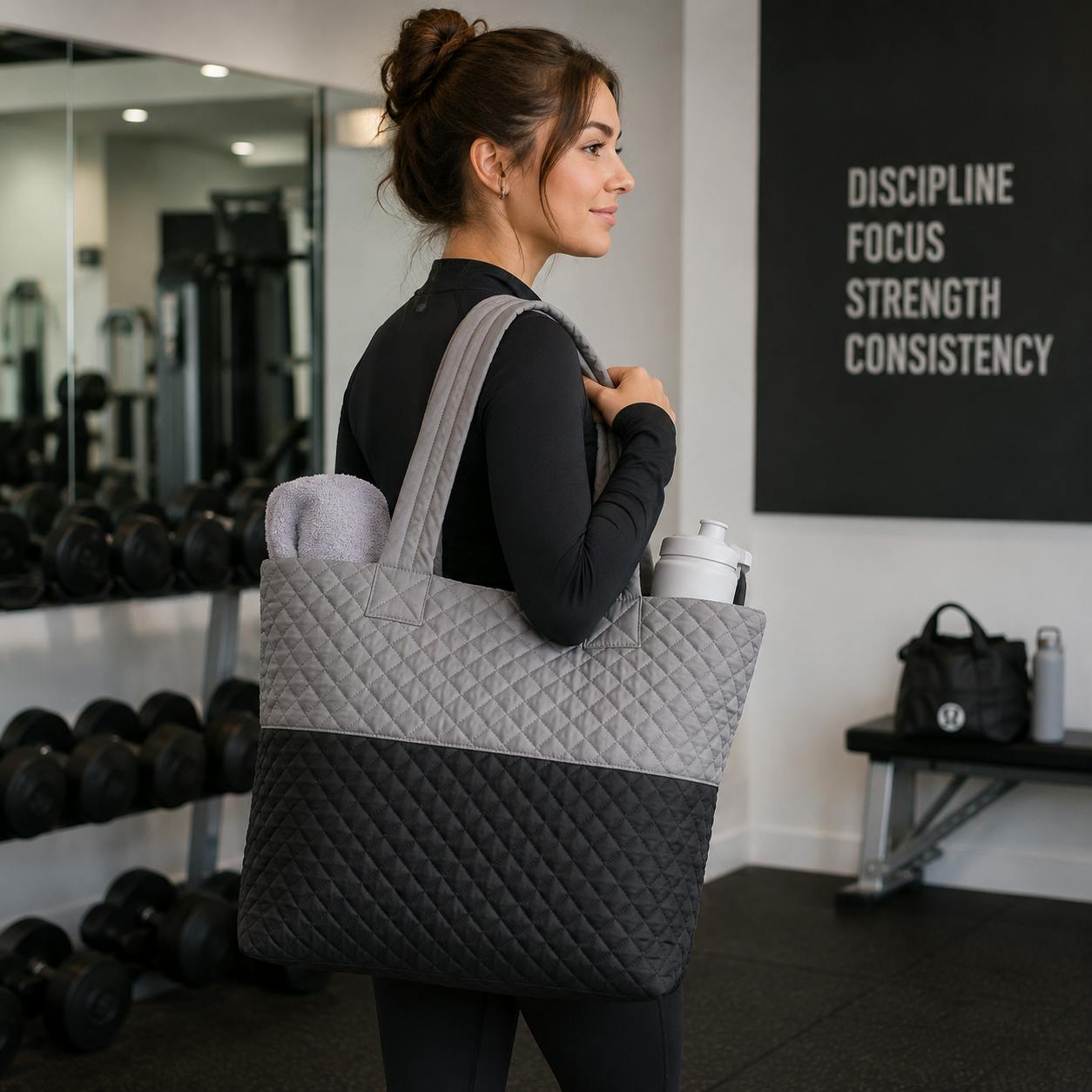 Newport Two-Tone Quilted Tote Bag with Zipper Closure - Light Grey/Black