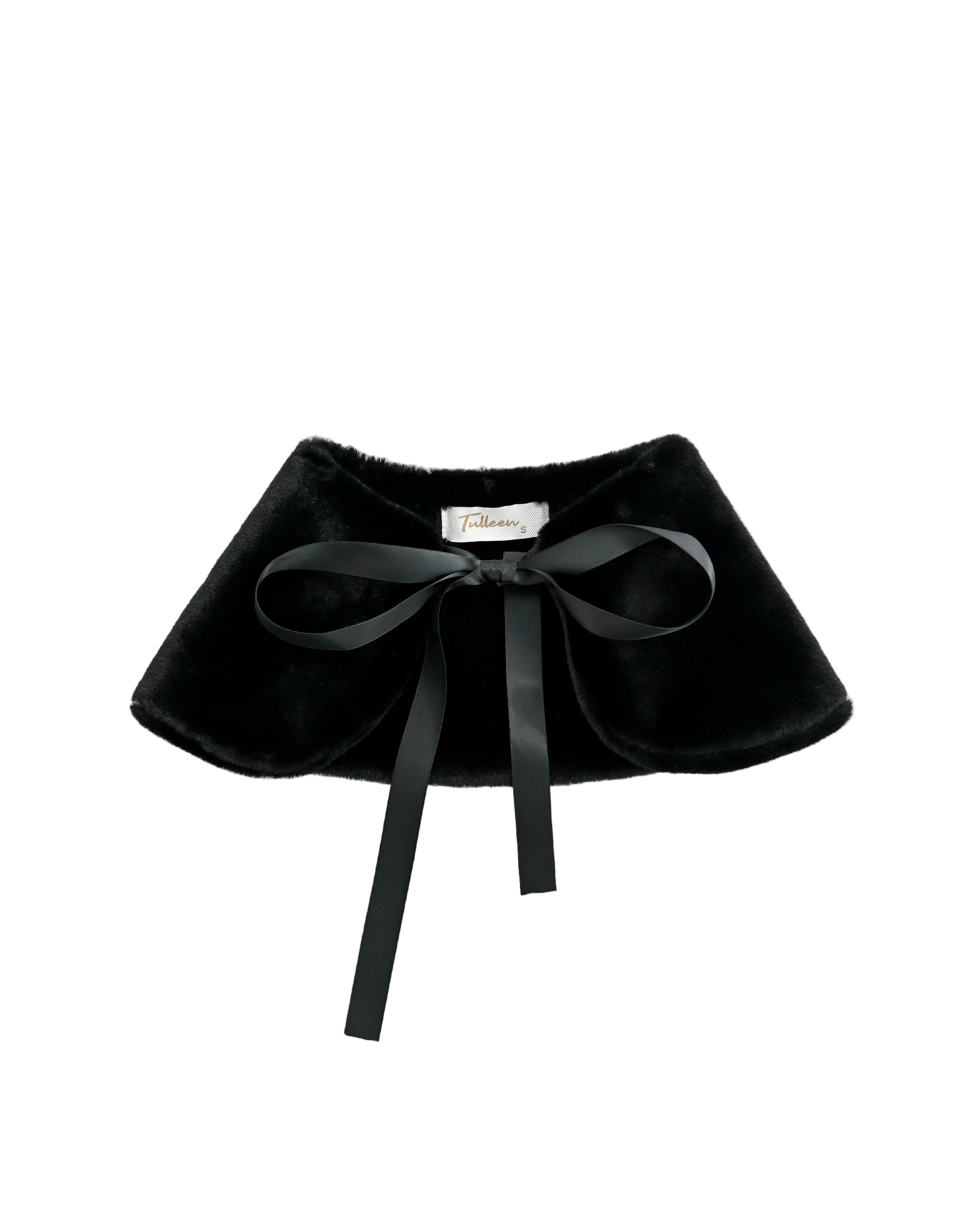 Black Ribbon-Tie Faux Fur Collar