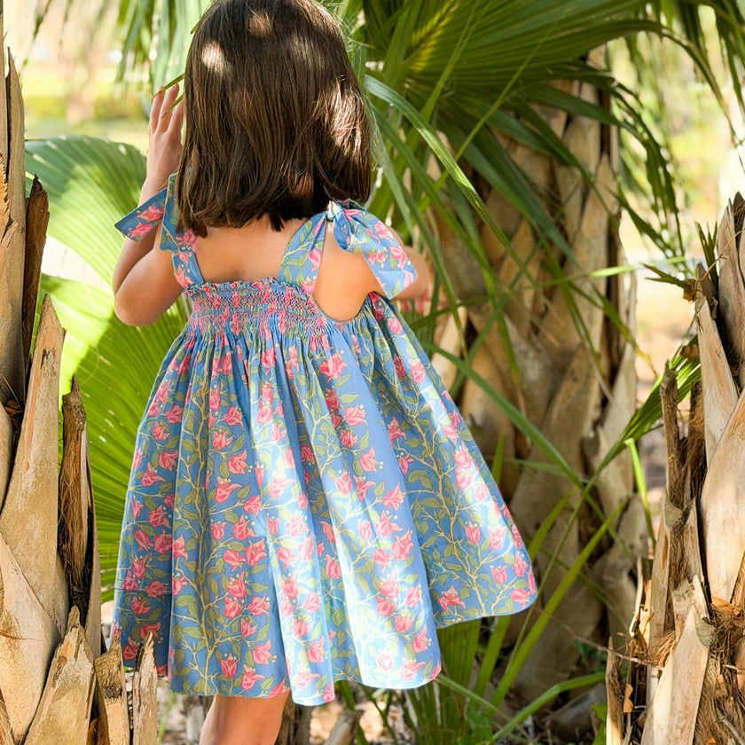 Loblolly Dress in Blue with Pink Bougainvillea