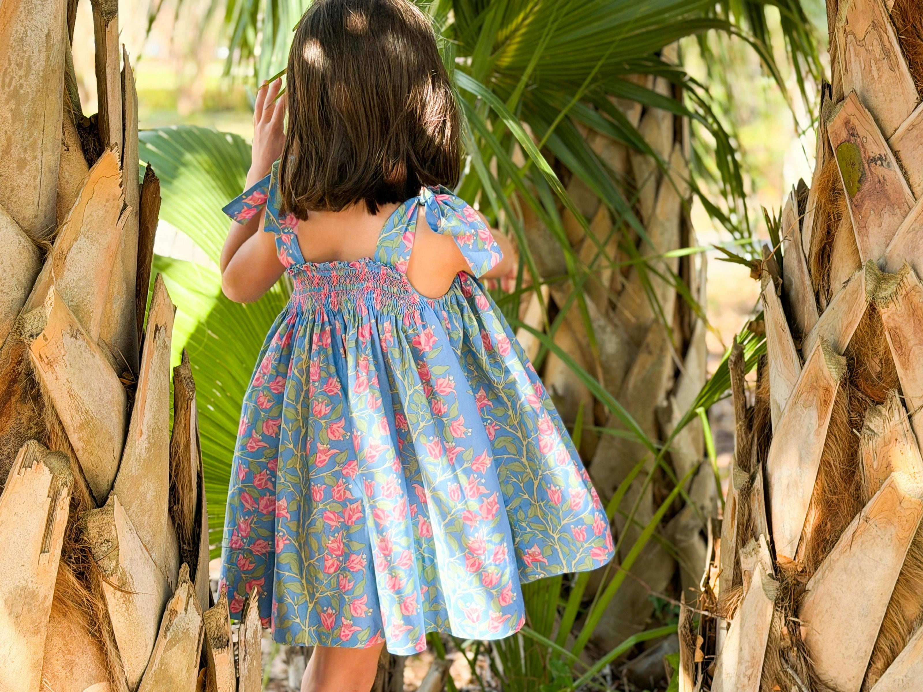 Loblolly Dress in Blue with Pink Bougainvillea
