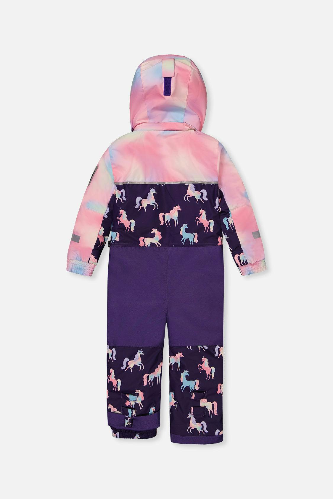 Kids One Piece Play Snowsuit Purple Unicorn Print