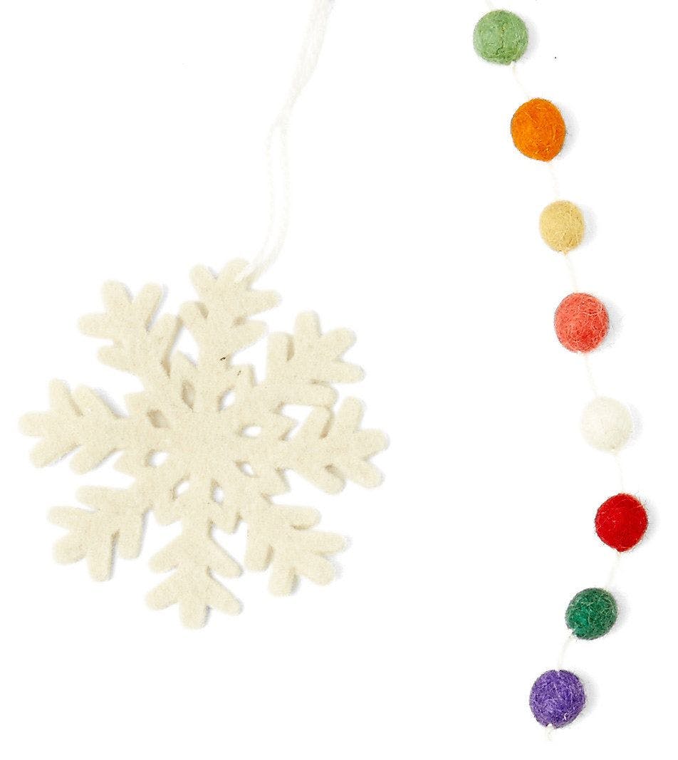 Hand Felted Wool Christmas Garland and Bunting - Multicolor Dots White Snowflakes - 6'