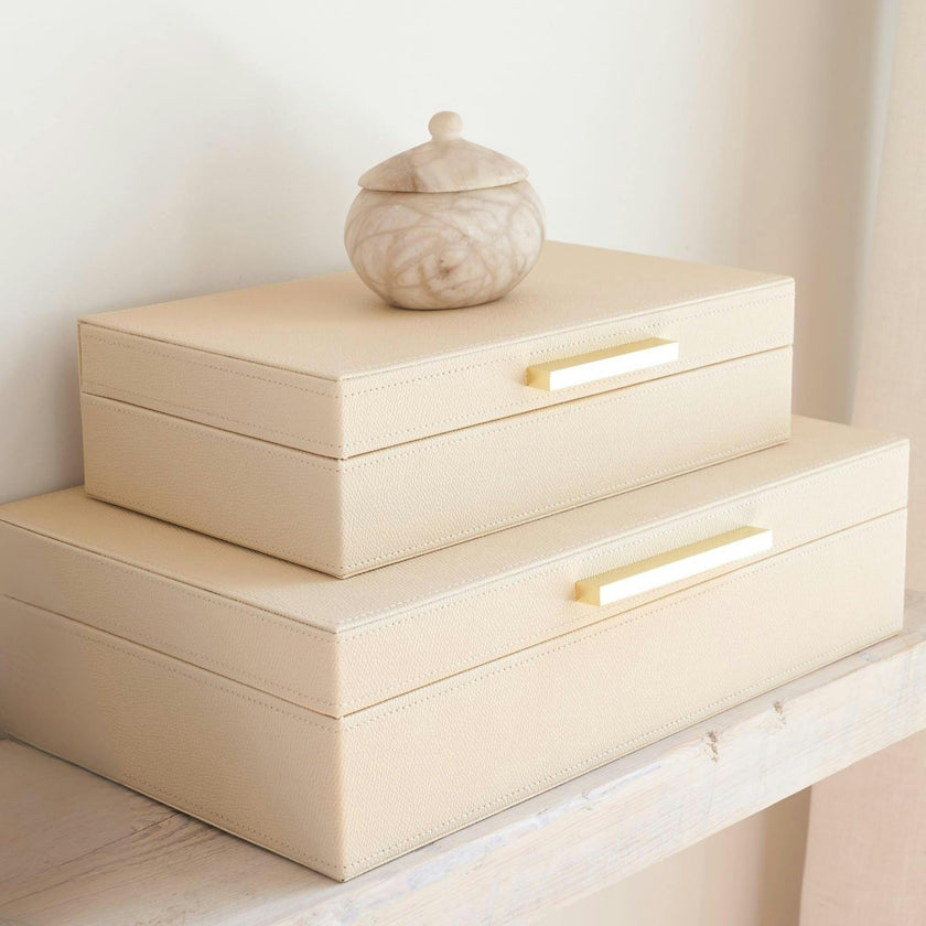 Decorative Storage Boxes with Lids - Set of 2 PU Leather Organizer Bins for Bookshelf Decor - Store Photos, Documents and Memory Box Keepsakes in Style