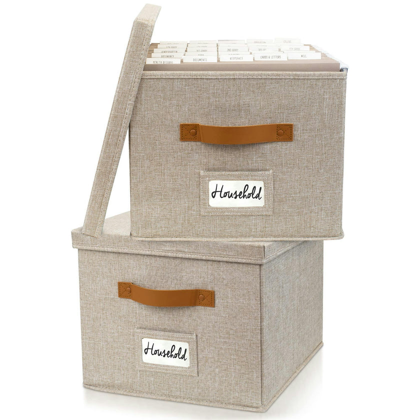 ZICOTO Decorative Ivory File Box Organizer Set of 2 - Collapsible Linen File Cabinet for Easy Folder Storage - Store All Your Documents and Folders in Style