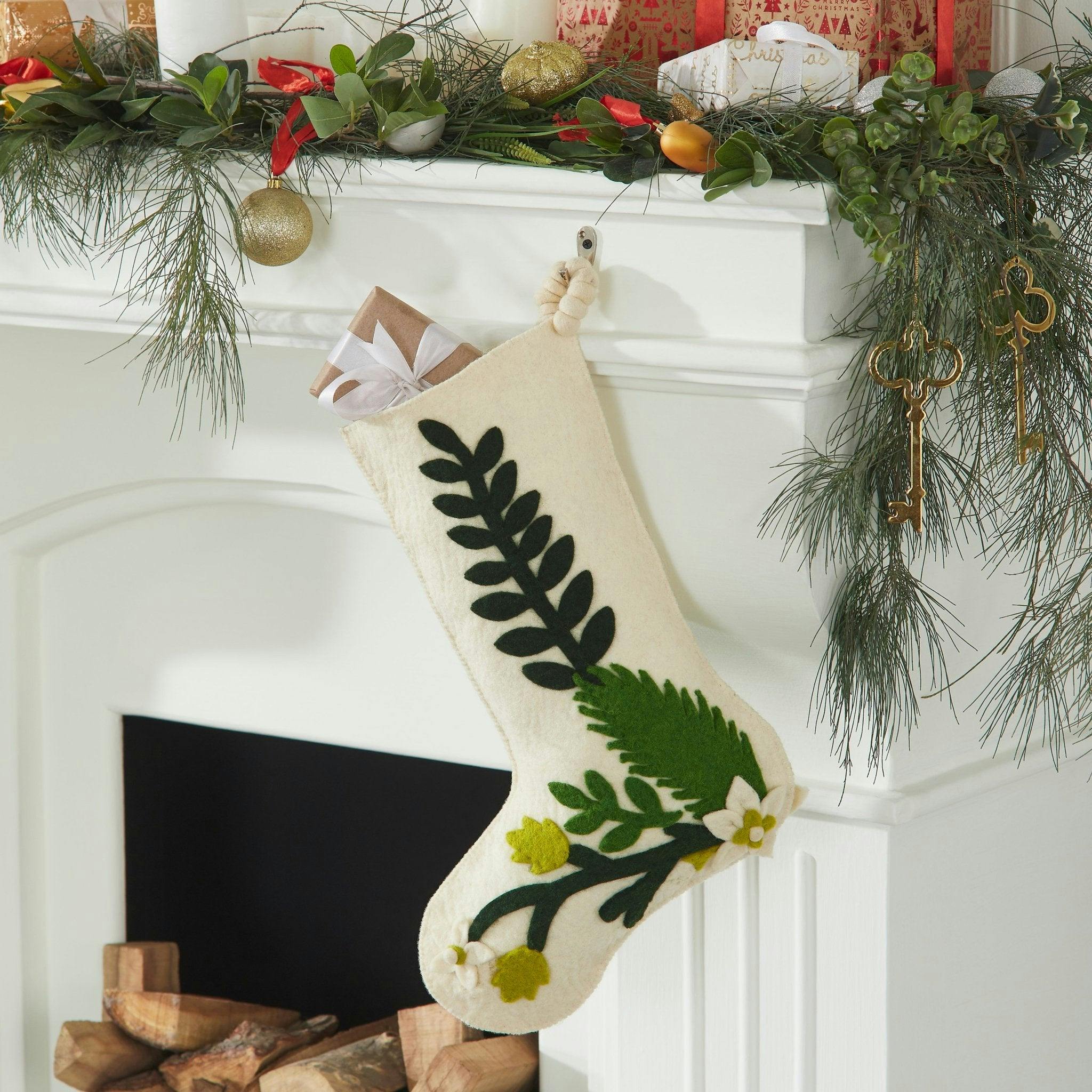 Hand Felted Wool Christmas Stocking - Green Leaves Cream