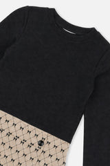 Bi-Material Dress Black And Beige Bow Tie Print