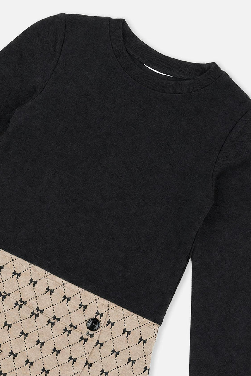 Bi-Material Dress Black And Beige Bow Tie Print