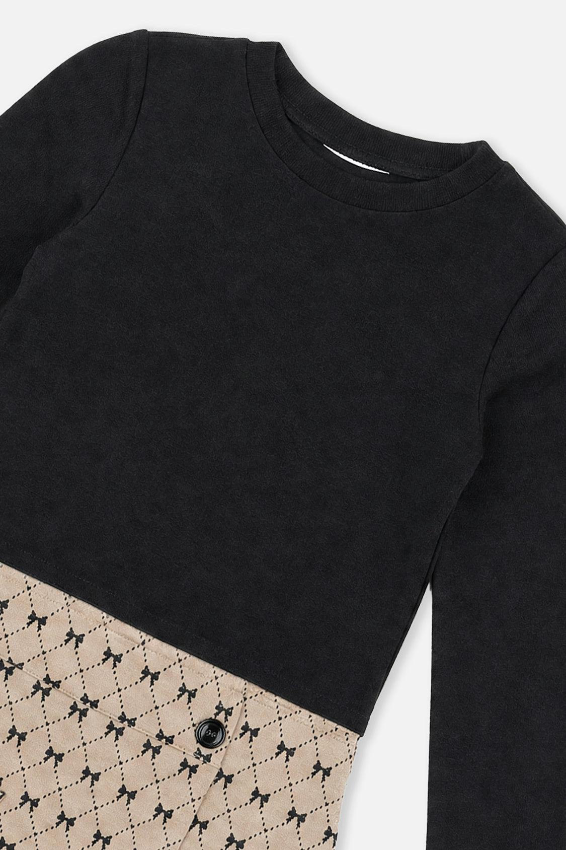 Bi-Material Dress Black And Beige Bow Tie Print