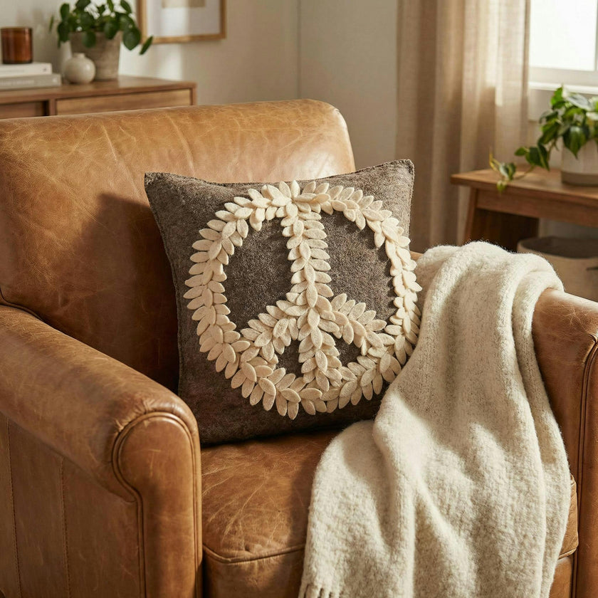 Hand Felted Wool Pillow Cover, Cream Peace Sign Gray, 20"