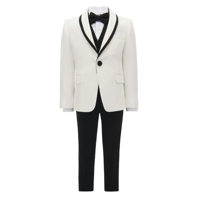 Cream-Black Trim Shawl Lapel 5 Pcs Tuxedo Set