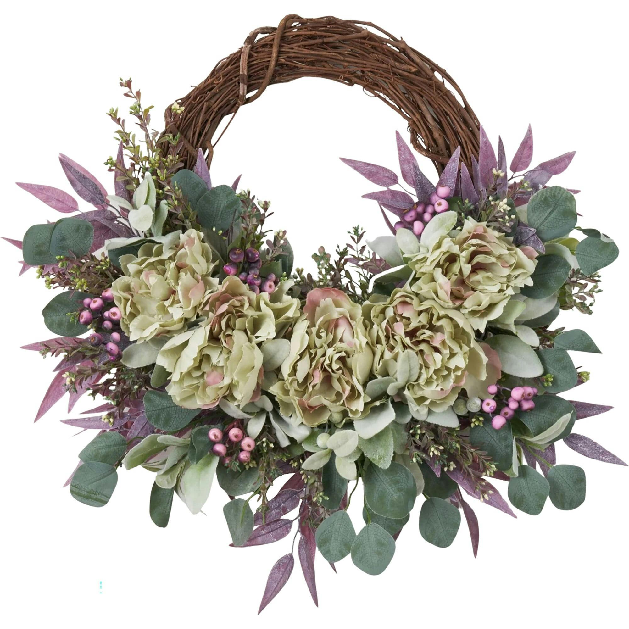 Purple Seeded Boxwood, Eucalyptus & Peony Spring Summer Front Door Wreath