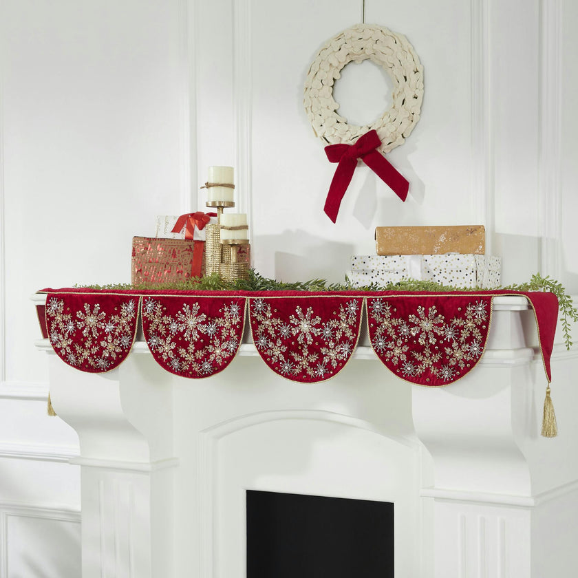 Red Velvet Mantel Scarf Hand Beading and Crewel Embroidery - 72"