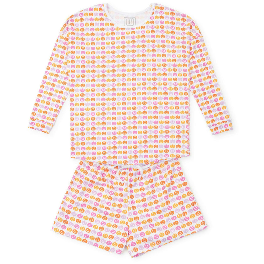 Anna Women's Longsleeve Short Set - Preppy Pumpkins Bright