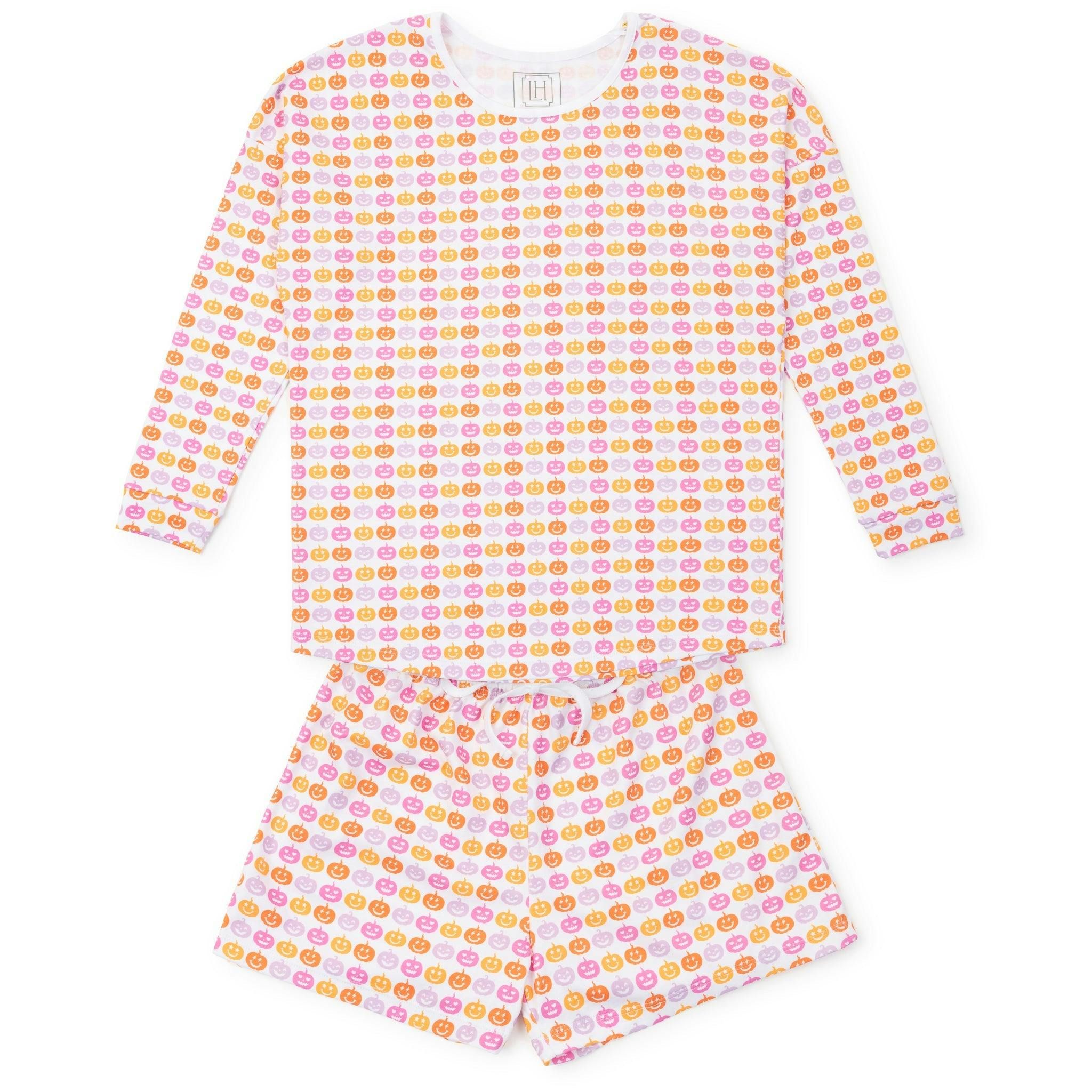 Anna Women's Longsleeve Short Set - Preppy Pumpkins Bright