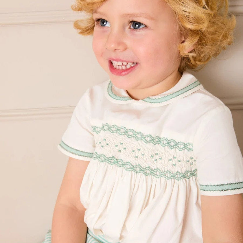 Wimbledon Stripe Hand Smocked Peter Pan Collar Two Piece Set in Green (18mths-6yrs)