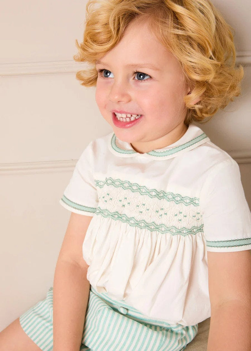 Wimbledon Stripe Hand Smocked Peter Pan Collar Two Piece Set in Green (18mths-6yrs)