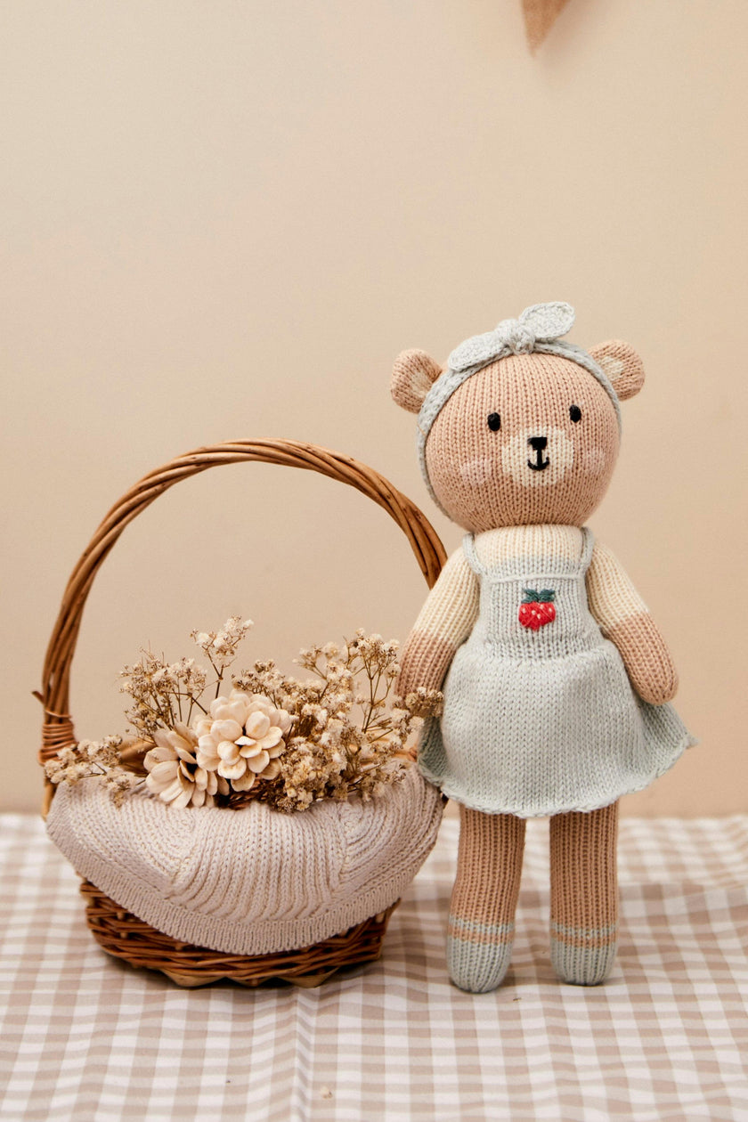 Emma the bear with strawberry  Light blue & natural - 11"