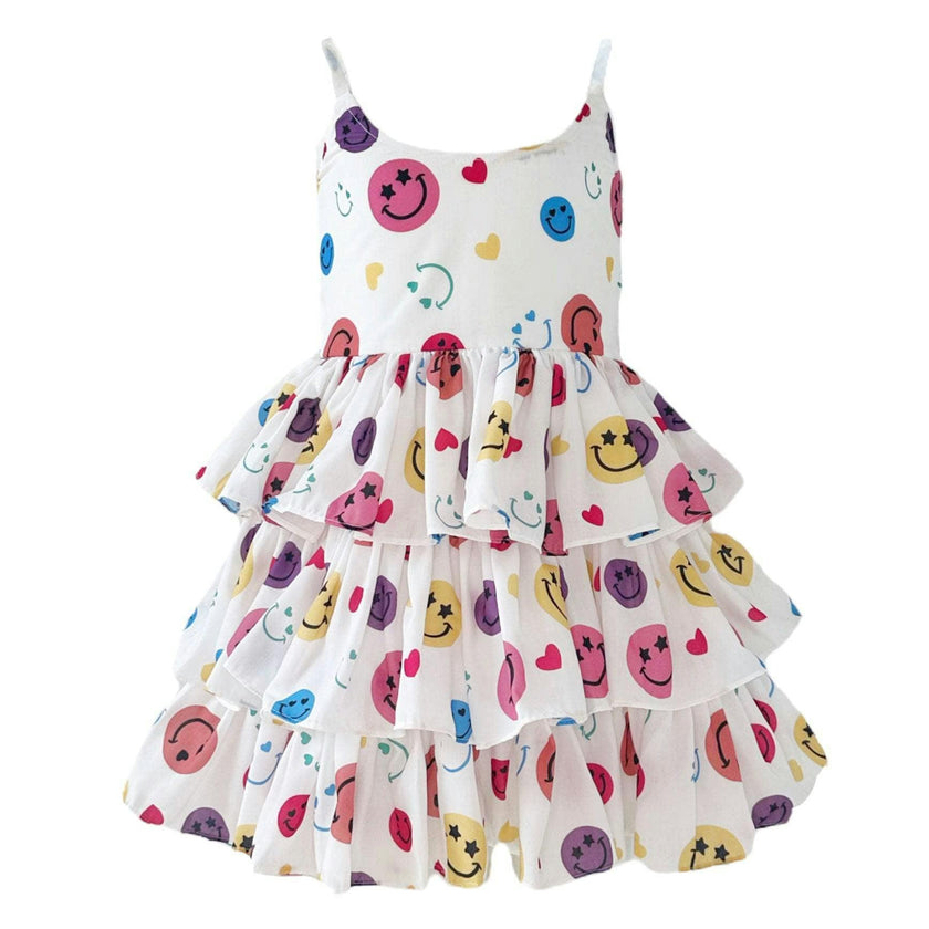 Happy Rainbow Smiley Sleeveless Ruffled Tire Dress