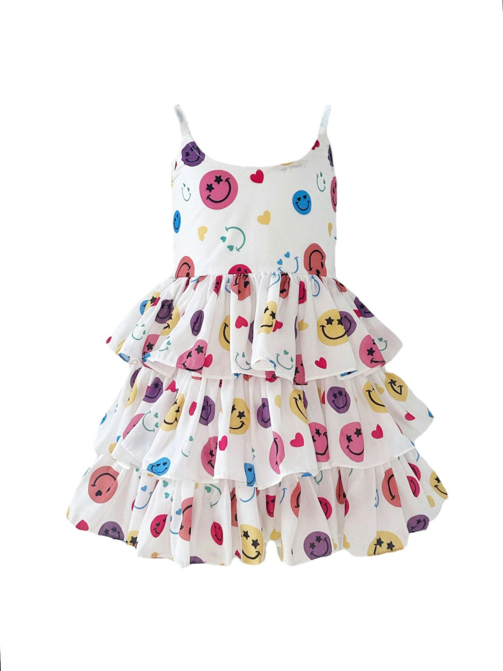 Happy Rainbow Smiley Sleeveless Ruffled Tire Dress