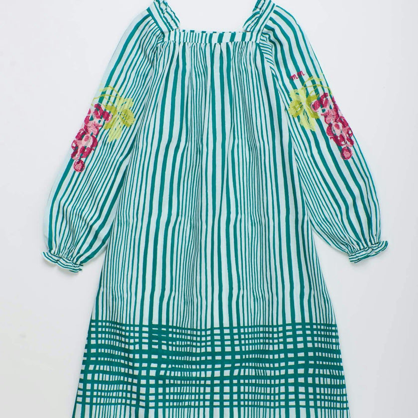 UVAS STRIPED DRESS WITH PUFFY SLEEVES GREEN