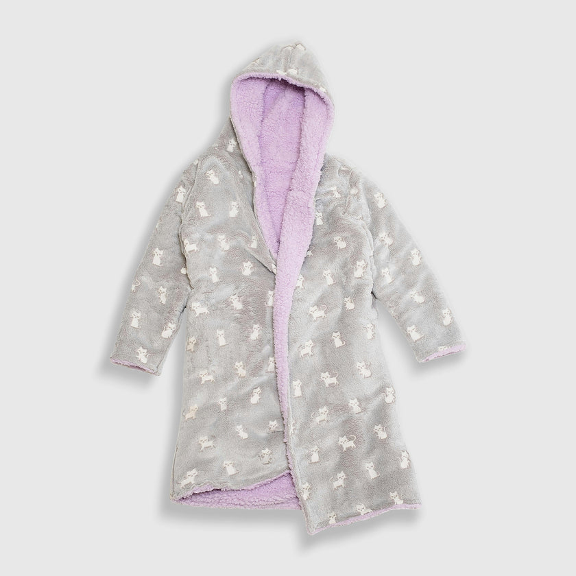 Cozy Switch Robe – Reversible Glow-in-the-Dark & Sherpa Robe for Kids, Orchid Kittens