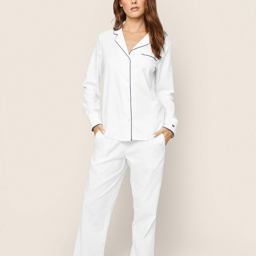 Women's Twill Pajama Set in White with Navy Piping