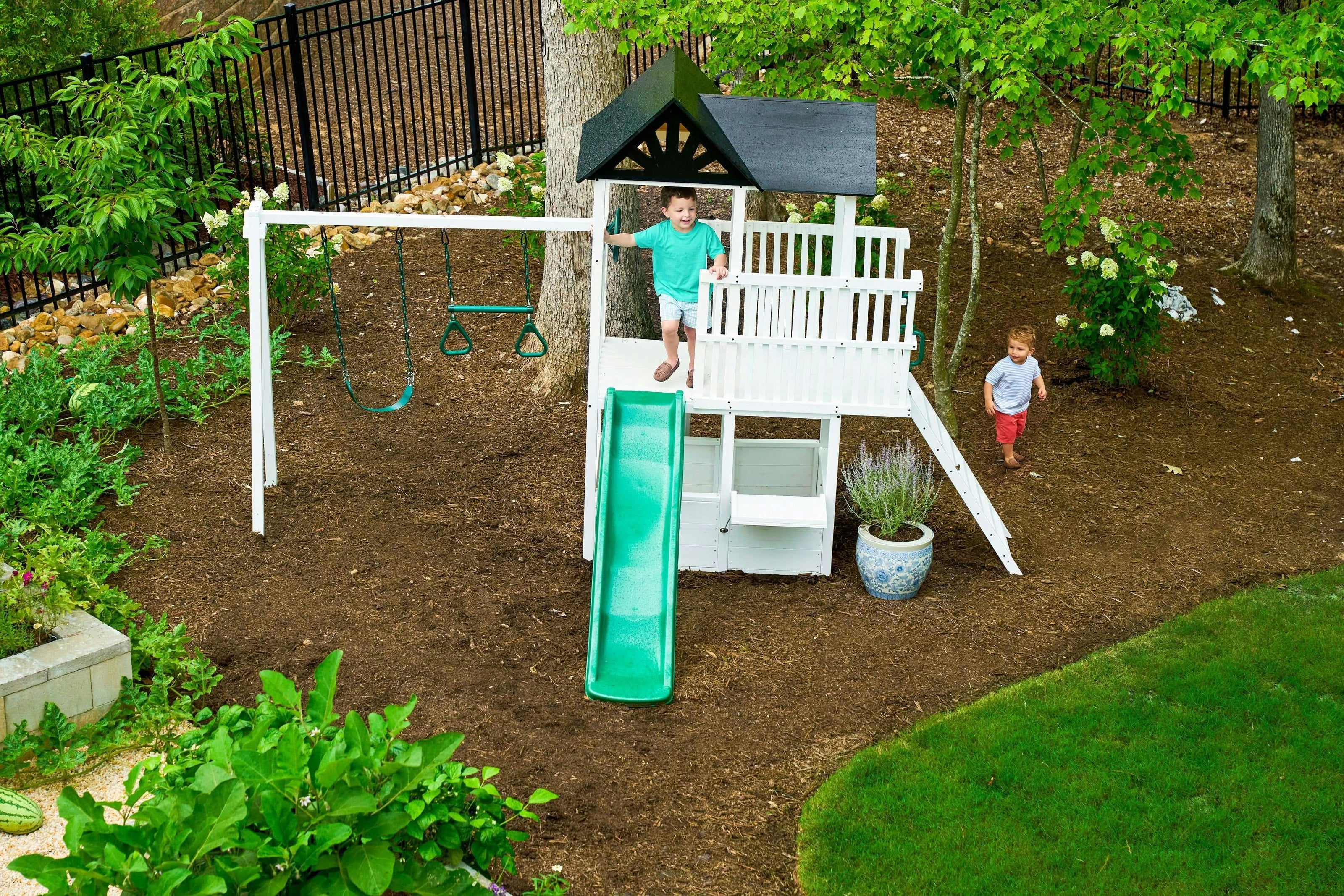 Craftsman | Modern Wooden Swing Set with Slide, Climber & Sandbox